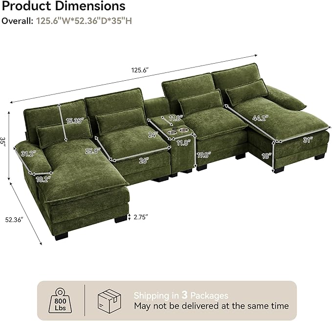 U Shaped Sectional Sofa with Storage Console Cup Holders &amp USB Ports Small Modular Cloud Couch with Deep Seats Modern Comfy Living Room Sofa for Apartment Chenille Green