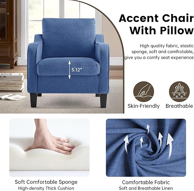 Mid-Century Modern Accent Chair Linen Upholstered Living Room Chair Comfy Reading Armchair Small Single Sofa Chair for Bedroom Office Blue 1PC