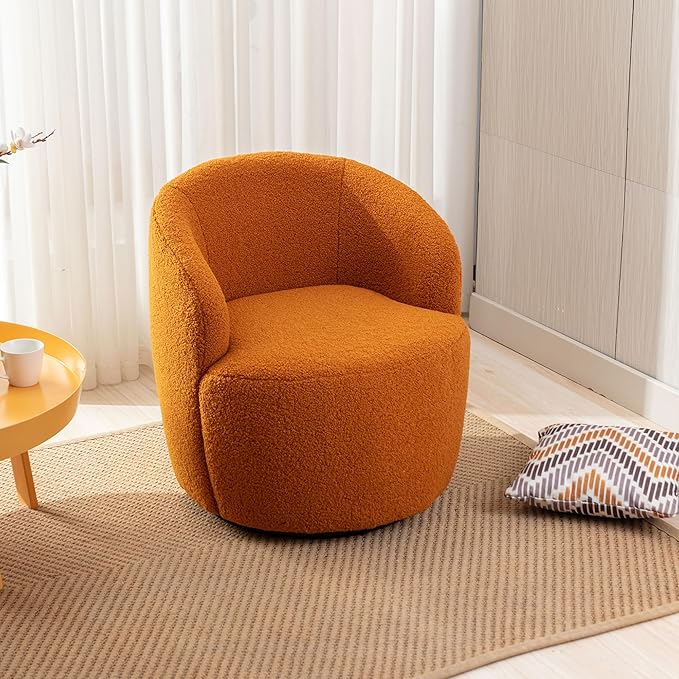 kevinplus Swivel Barrel Chair Accent Armchair for Living Room Bedroom 360 Degree Modern Round Upholstered Single Sofa Couch Chair Cozy Small Swivel Chair for Apartment Teddy Fabric Caramel Orange