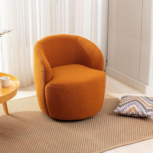 kevinplus Swivel Barrel Chair Accent Armchair for Living Room Bedroom 360 Degree Modern Round Upholstered Single Sofa Couch Chair Cozy Small Swivel Chair for Apartment Teddy Fabric Caramel Orange