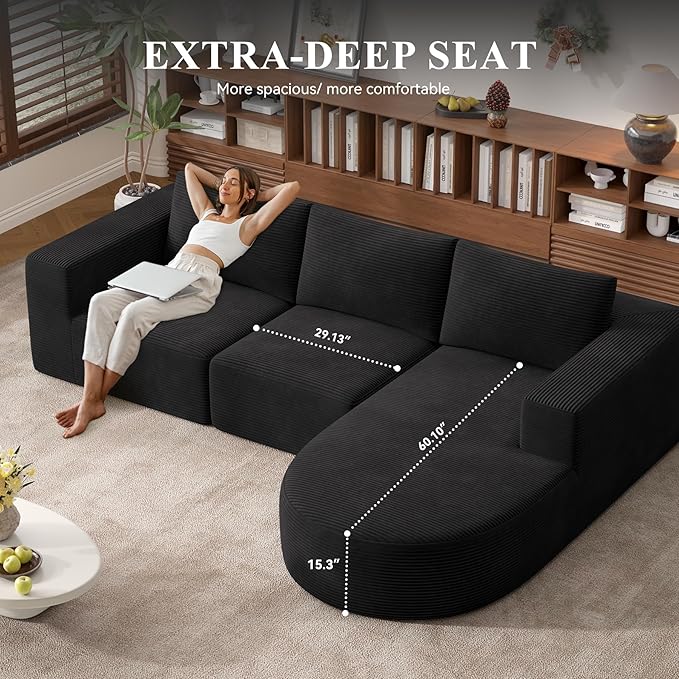 Modular Sectional Sofa with L-Shape ChaiseCloud Sectional Modern Sleeper Couch with Deep SeatSponge Compression Sofas No Assembly Required(Black-Corduroy Fabric) 1PCS