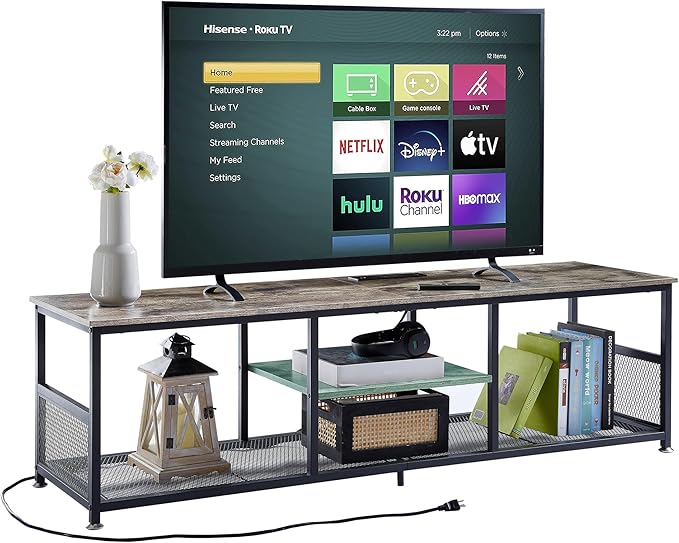 VECELO TV Stand with Power Outlets for Televisions up to 75Inch 62 Media Entertainment Center with Charging Station 3-Tier Open Storage Shelves with Metal Frame for Living Room/BedroomGrey