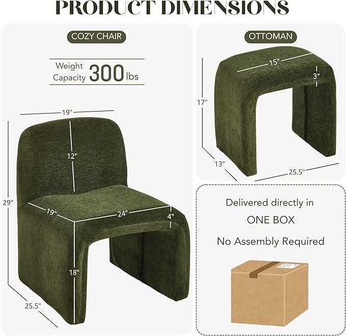 Accent Reading Chair with Ottoman Chenille Upholstered Comfy Armless Accent Chair with Footrest Modern Side Lounge Chair for Living Room Bedroom Moss Green