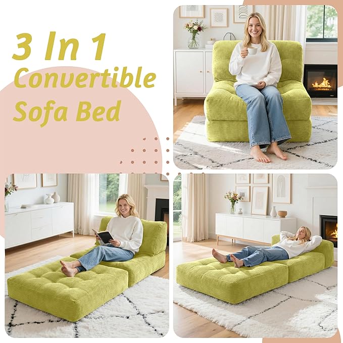 HABUTWAY Folding Sofa Bed Convertible Sleeper Chair Bed with Pillow &amp Handle Foldable Mattress with Back Support Portable Single Couch Comfy Floor Sofa Lounge for Living Room Bedroom(Green)