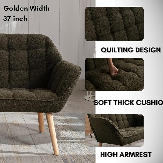 48”Small Loveseat Sofa Modern Sherpa Upholstered Mini Couch 2-Seater Fluffy Love Seat with Quilting Backs and Wood Legs for Small Space Living Room Bedroom Green