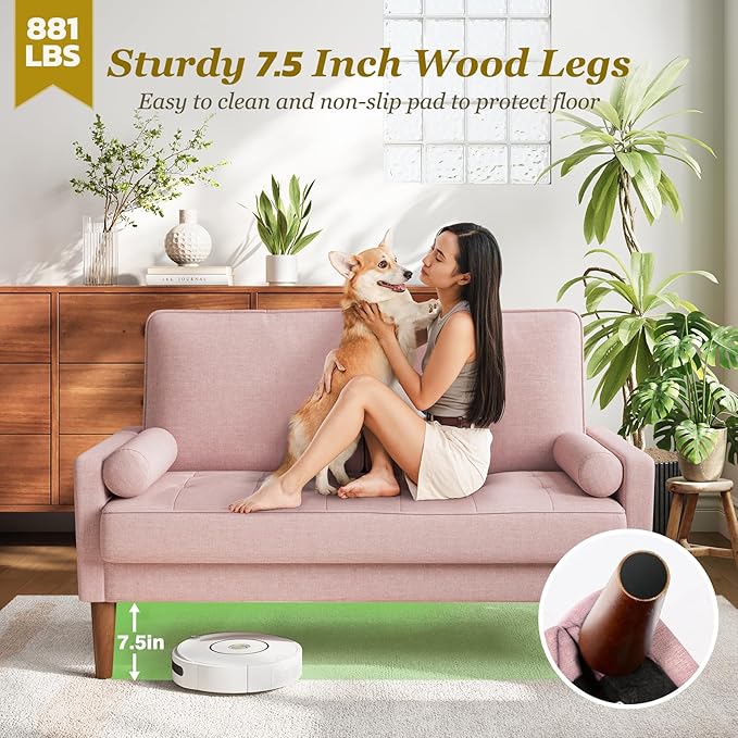 Vesgantti Loveseat Sofa with Solid Wood Legs 48 Small Couches for Small Spaces Love Seat for Living Room Bedroom Easy Assembly Mid Century Modern Couch with Throw Pillow for Apartment Pink