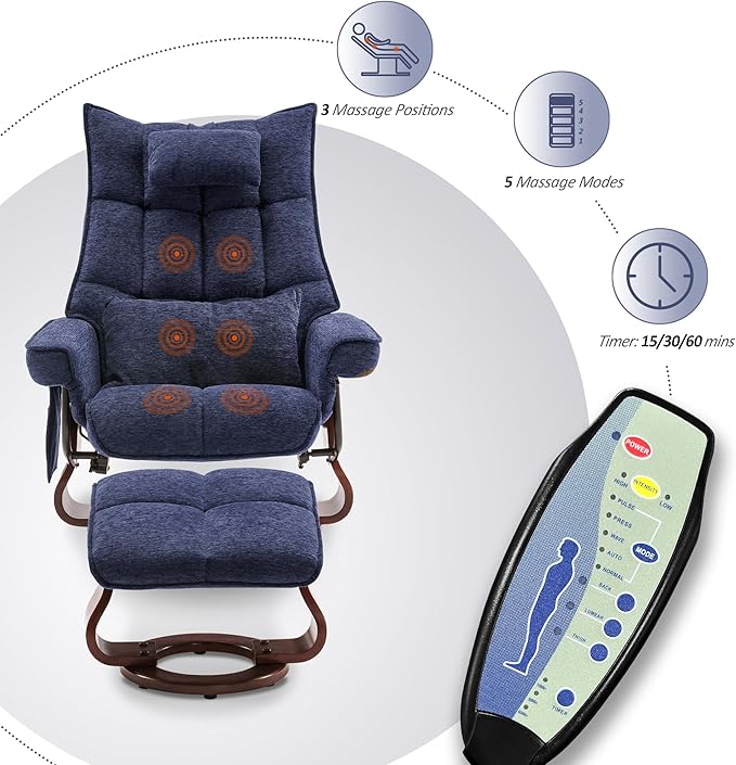 MCombo Swivel Recliner with Ottoman TV Chair Sets with Vibration Massage Ideal for Small Space Living Room &amp Bedroom 4188 (Blue)