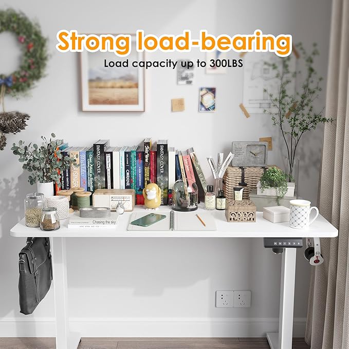 48x24 Inches Electric Standing Desk Adjustable Height Wooden Sit Stand Desk Electric Capacity 300lbs Sit to Stand up Standing Computer Desk with Hooks for Home Office (White 48x24 Inches)