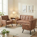 Mid-Century Modern 47 Small Loveseat &amp 2 Accent Chair Set Plush Suede Fabric with Button Tufted High Back &amp Solid Wood Legs for Apartment Living Room Bedroom Home Office (Brown 3-Piece S