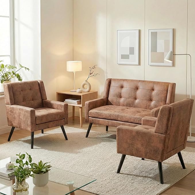 Mid-Century Modern 47 Small Loveseat &amp 2 Accent Chair Set Plush Suede Fabric with Button Tufted High Back &amp Solid Wood Legs for Apartment Living Room Bedroom Home Office (Brown 3-Piece S