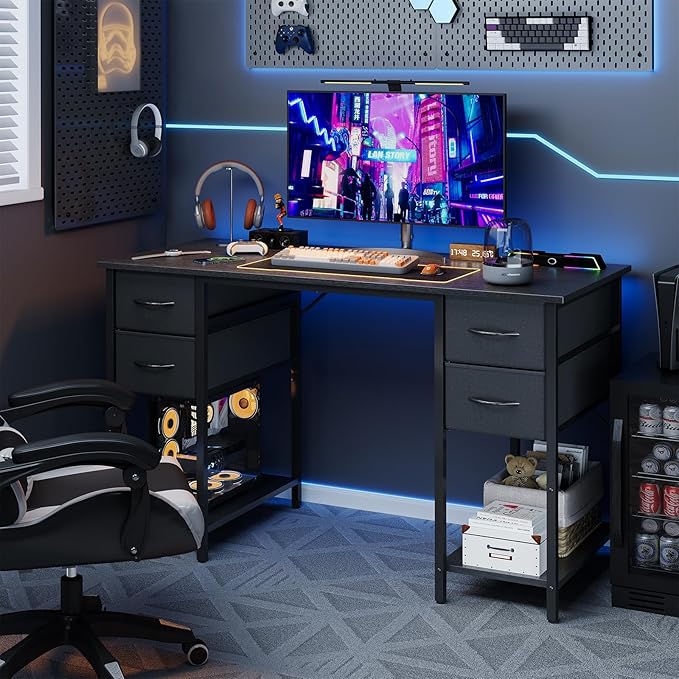 Grandder Computer Desk with 4 Drawers 47 Inch Office Desk with Storage Gaming Desk with CPU Shelves Writing Desk Work Desk for Home Office Study Bedroom Work from Home Black