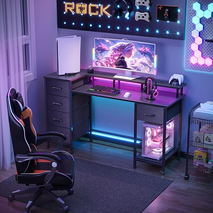 47 Inch Computer Gaming Desk with Power Outlets &amp LED Lights Reversible Home Office Desk with Adjustable 5 Fabric Storage Drawers for Working Writing Study Carbon Fiber Black