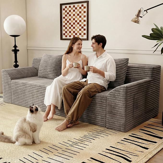 71Cloud Loveseat SofaModern 2-Seater Boneless Couch with 3Pillows &amp Side PocketSoft Corduroy LoveseatCompressed FoamDeep SeatNo Assembly for Living RoomBedroomApartment(Tilted Armrest Cam