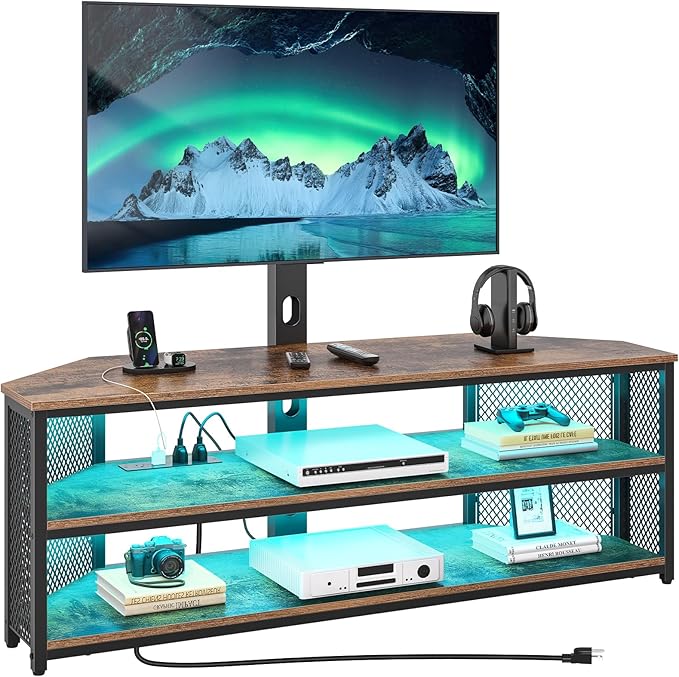 Rolanstar TV Stand with Mount and Power Outlet Swivel TV Stand Mount with LED Lights for 32/45/55/60/65/70 inch TVs Rustic Brown Entertainment Center Media Console with Height Adjustable Mount
