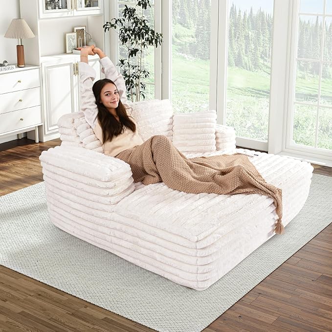 Chaise Lounge Chair Indoor Comfy Corduroy Plush Fluffy Foam Floor Compression Sofa Chair Leisure Reading Single Sleeper Chaise Chair for Living Room Bedroom Office Pillows Included (Beige)