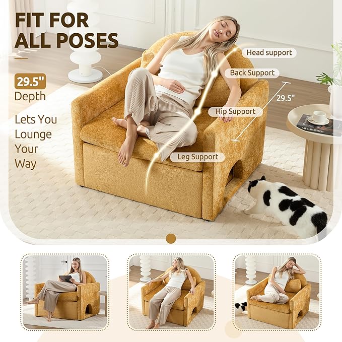 Oversized Modern Accent Chair Armchair with Cat House 36.2 W Living Room Chairs Single Sofa Chair Mid-Century Upholstered Accent Solid Wood Legs Bedroom Yellow