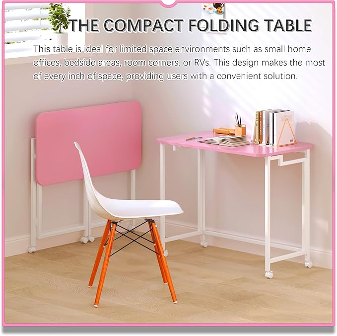 4NM 27.5 Mobile Small Rolling Computer Desk Folding Laptop Cart Table with Wheels Portable Office Desk for Small Space Couch Bed - Pink and White