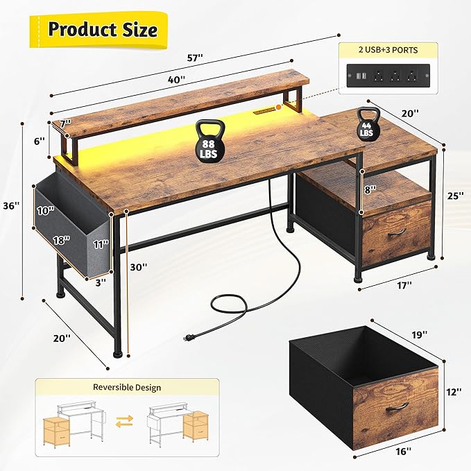 Computer Desk with Monitor StandOffice Desk with LED Lights &ampPower OutletsGaming Desk with Drawers &amp Printer ShelfWriting Table with Side Storage Bag57 W x 20 D x 36 HRustic Brown