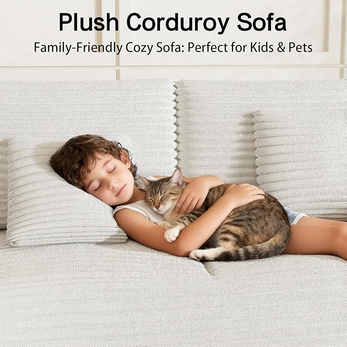 Corduroy Cloud Modular Sectional Couch Boneless Memory Foam Sectional Sofa Comfy L-Shaped Compression Couches with Chaise for Living Room No Assembly Required(Beige 3-Seater)