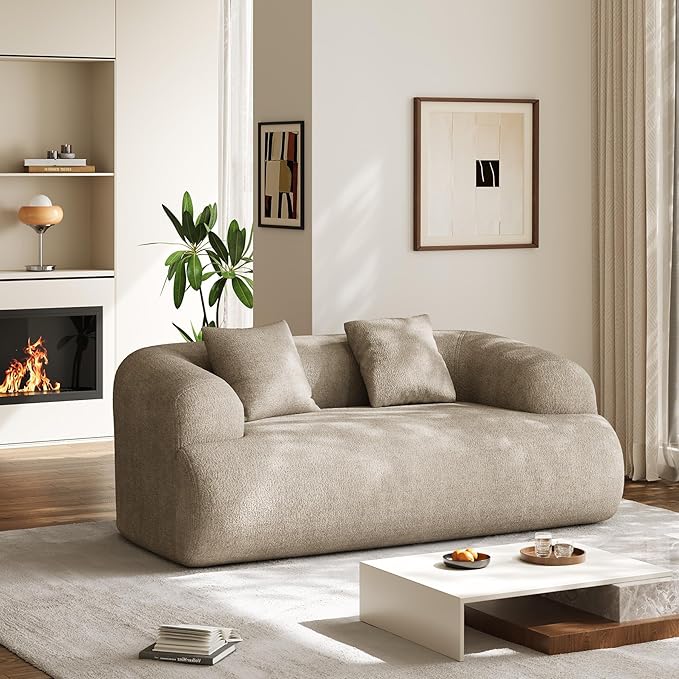 Half Moon Curved Sectional Sofa with 2 Throw Pillows Modern Style 2-Seater Chenille Leisure Couch with Curved Backrest Easy Assembly for Apartment Living Room Bedroom Light Brown（76 inch）