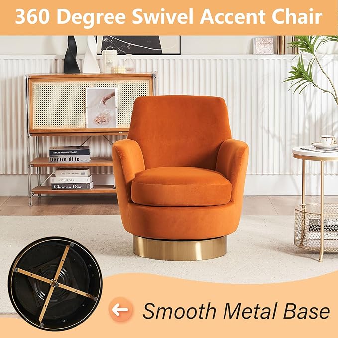 Swivel Barrel ChairModern Velvet Upholstered Round Swivel Accent Chairs with Tall Backrest360 Degree Single Sofa Chair Armchair for Living Room (Orange*1PCS)
