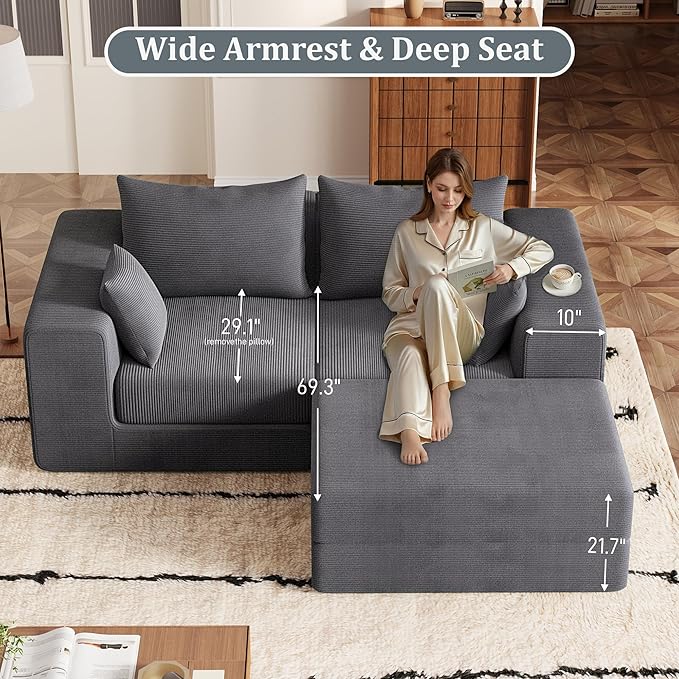 Modern Small Boneless Couch Convertible Modular Sectional Sleeper Sofa Bed Corduroy Memory Foam Cozy Modular Cloud Couch L-Shaped Cloud Sofa for Living Room No Assembly Grey