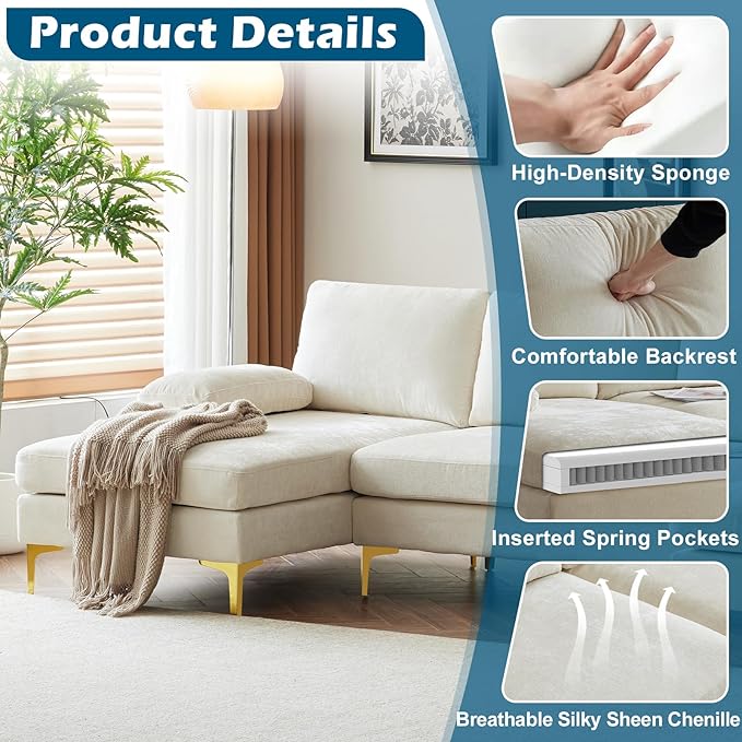 VINGLI 110 Large U-Shape Sectional Sofa Couch with 51 D Double Chaise for Living Room Modern Sectional Couch Set with Soft 5.9 Thickness Seating Padding Chenille FabricMetal Gold Legs(Beige)