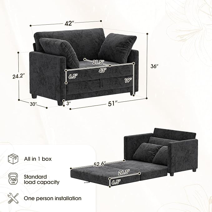 51 Convertible Loveseat Sofa Bed 2-in-1 Folding Sofa Bed with 2 Pillow for Small Spaces Modern Loveseat Sleeper Couch for Apartment Living Room &amp Guest Room (Chenille Black 51 inch)
