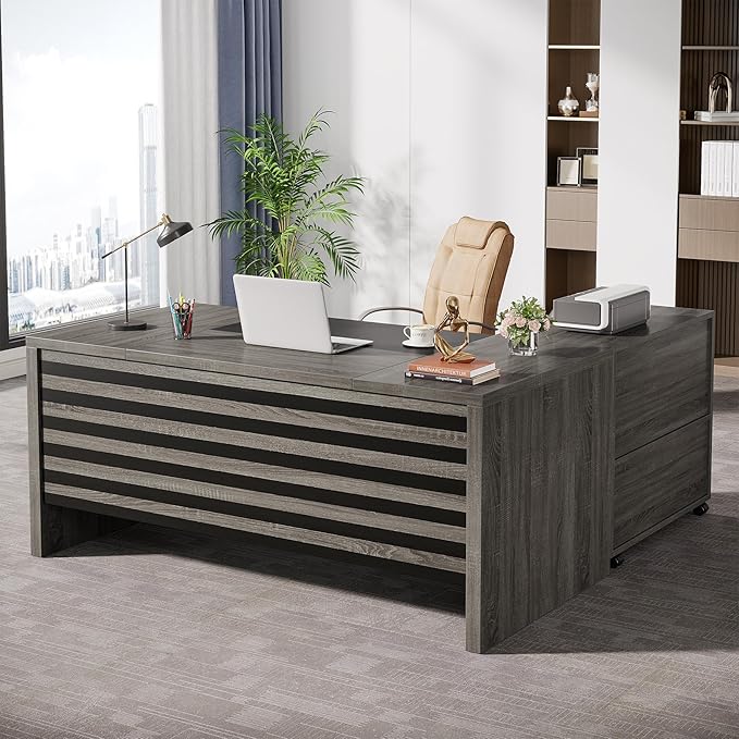 Tribesigns 62.2 Executive Desk with Mobile File Cabinet L-Shaped Office Desk with Storage Shelves Large Computer Table Business Workstation Set for Home Office Grey