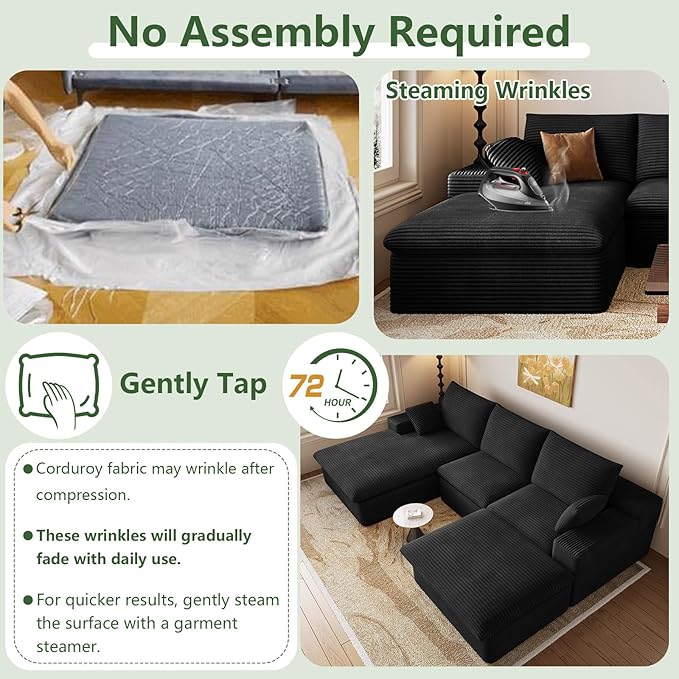 107 Cloud Couch Modular Sectional Sofa for Living Room U-Shape Boneless Couch with Deep Seat Modern Corduroy 3-Seater with Ottoman No Assembly Required (Jet BlackLeft-Facing Chaise)