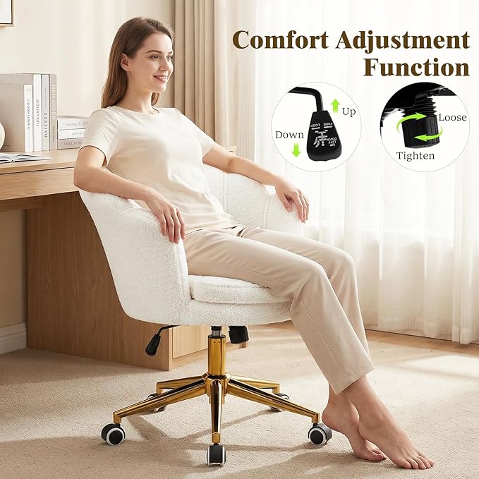 Vanity Chair with Back and Wheels Faux Fur Cute Home Office Desk Chair Upholstered with Gold Base and Petal Arm Comfy Makeup Chair Swivel Adjustable for Task Living Room Bedroom White