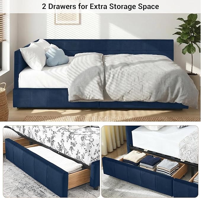 Queen Corner Bed Frame with Storage Drawers Modern Velvet Upholstered Sofa Day Bed Frame with Wood Slats for Living Room Bedroom Guest Room No Box Spring Needed Dark Blue