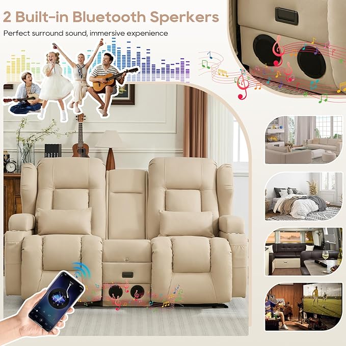 IPKIG 68 Loveseat Recliner Sofa Manual Rocker Reclining Couch with Fold Down Console Side Pocket Bluetooth Speaker Built-in Outlets Rocker Chair for Nursery Living Room Home Office (Beige)