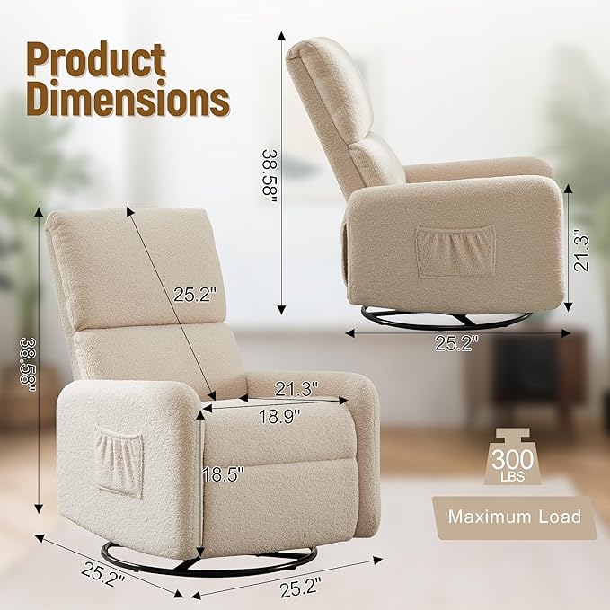 360° Rocking Chair Nursery Rocker Chair with Side Pockets Glider Nursing Chair with Steel Structure Base Small Chair for Small Spaces Sherpa Swivel Accent Chairs for Living Room Nursing