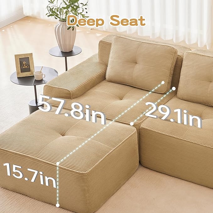 Casaphoria 115'' Boneless Sofa with Ottoman 3-Seater Modular Couch with 3 Pillows for Living Room L Shape Cloud Sectional Sofa No Assembly Camel