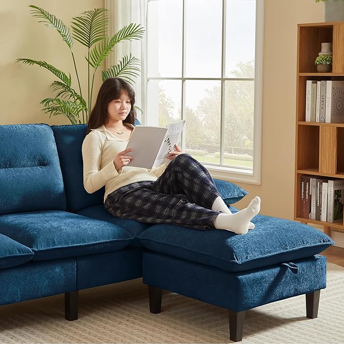 86'' Chenille Sofa with Storage Ottoman Modern Living Room Sofa with Removable Washable Cushion 3 Seater Comfy Couch for Apartment Bedroom Office (Blue)