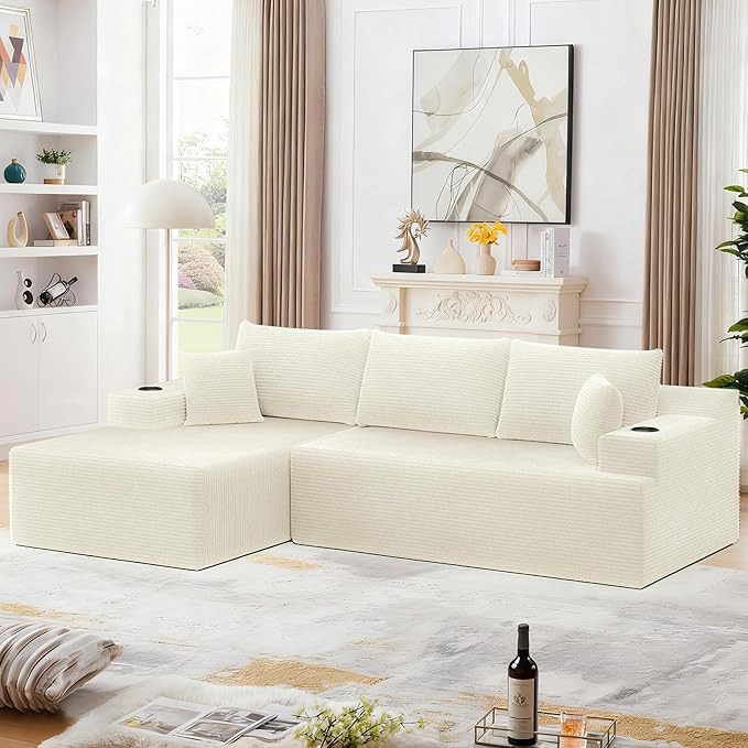 105 Modular Sectional Sofa L-Shaped Couch for Living Room Cloud Sofa with Deep Seat Memory Foam and Oversized Chaise Plush Corduroy Boneless Couches No Assembly Required White
