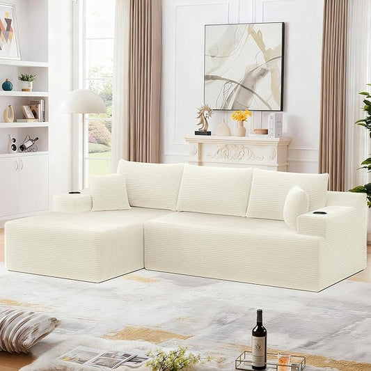 105 Modular Sectional Sofa L-Shaped Couch for Living Room Cloud Sofa with Deep Seat Memory Foam and Oversized Chaise Plush Corduroy Boneless Couches No Assembly Required White