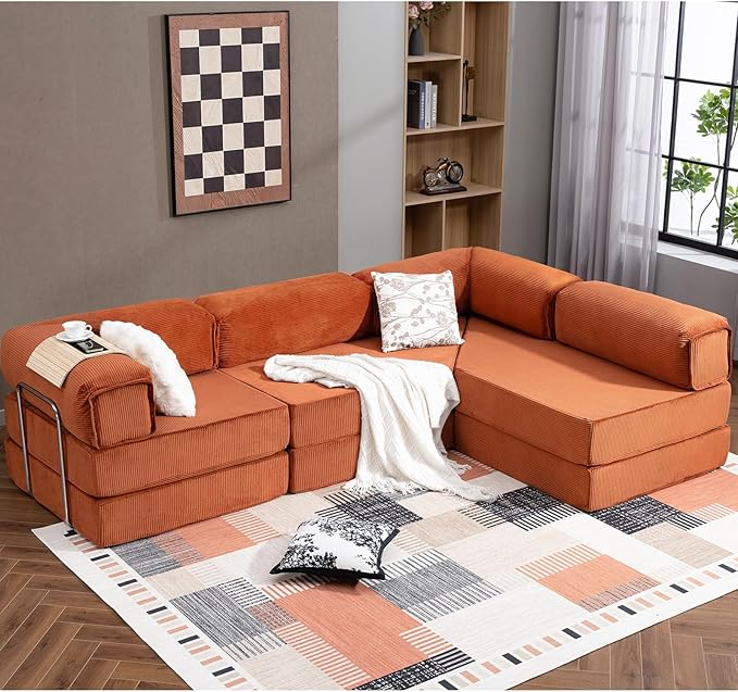 MEISSALIVVE 108 L Shaped Boneless Couch Orange Modular Sectional Sofa with Chaise Cloud Sectional Couch with Deep Seat &amp Removable Pillow for Living Room No Assembly Required