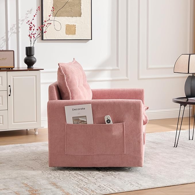 Swivel Accent Chair 360° Rotation Chenille Upholstered Leisure Armchair with Lumbar Pillow Thick Padded Arm Chair with Metal Base Single Sofa Chair for Living Room BedroomOffice (Pink)