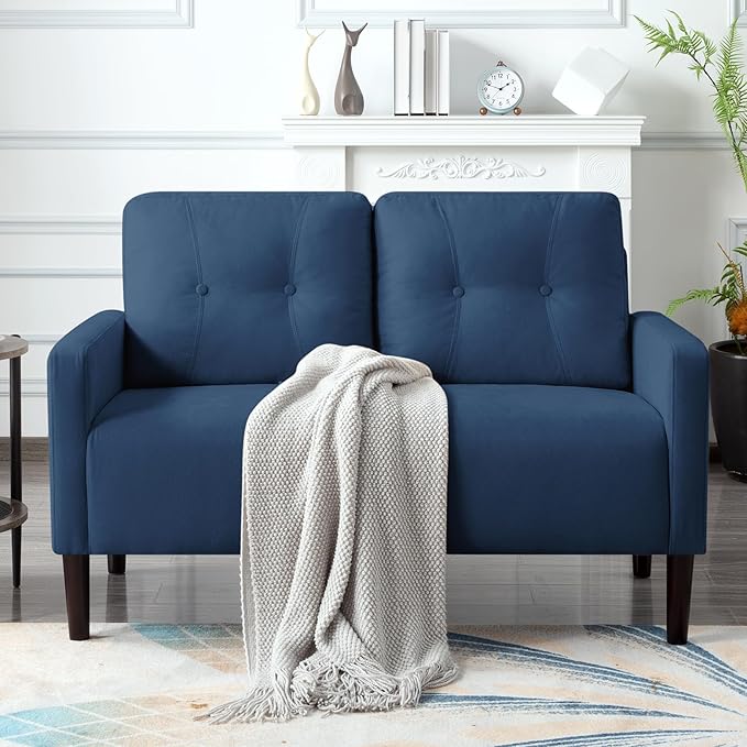 Loveseat Sofa Small Couch for Small Spaces Modern Linen Fabric 2-Seater Sofa with Solid Wood Legs Easy Assembly Apartment Couch for Living Room Office (Blue)