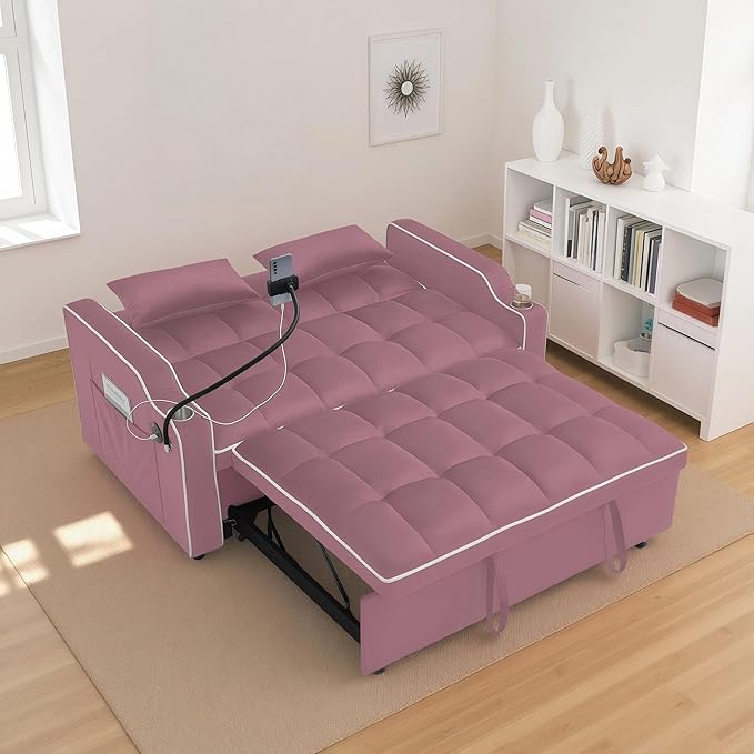 Loveseat Pull Out Couch 3 in 1 Convertible Sofa Bed Adjustable Backrest with Phone Holder Side Pocket &amp USB Port Modern Sofa for Living Room Bedroom Apartment (Pink)