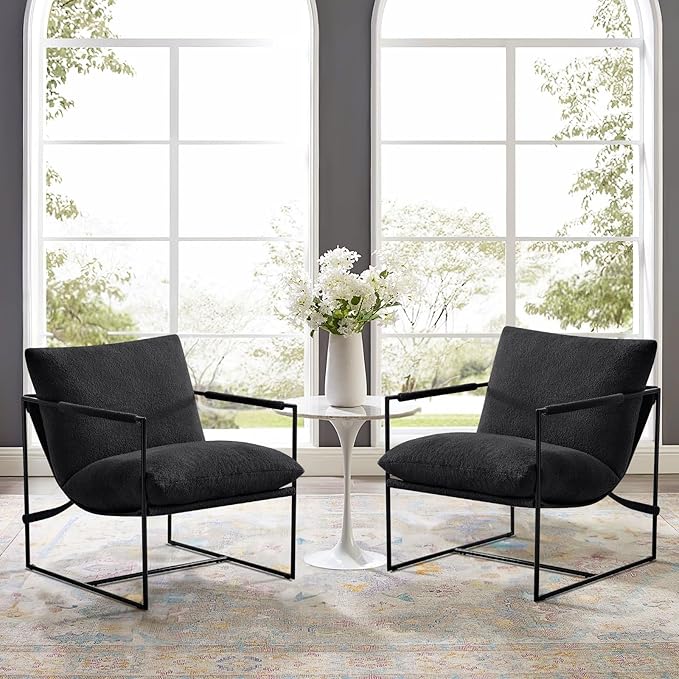 Furnilivng Large Sling Accent Chair Set of 2 Comfortable Boucle Fabric Arm Chair Upholstered Cozy Reading Chair for Living Room Bedroom Dressing Room Home Office Black