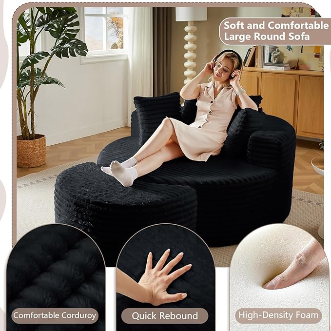 74.6 Oversized Round Chaise Lounge Chair with Ottoman Indoor Fluffy Upholstered Corduroy Deep Seat Large Boneless Circle Couch Sofa Chairs for Living Room Bedroom No Assembly Required Black
