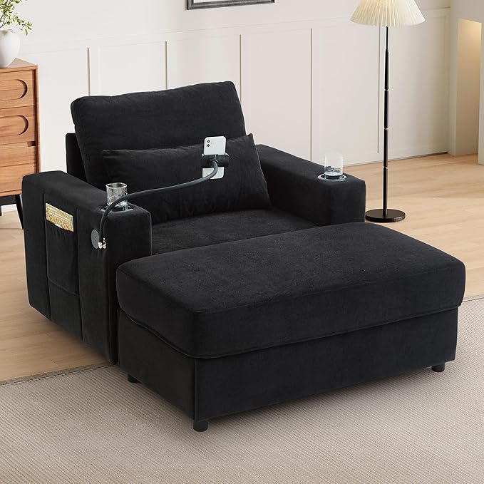 Merax Modern Style Armchair 42.5 Chaise Lounge Sofa Couch with a Movable Storage Ottoman Two USB Ports Two Cup Holders a Phone Holder and Side Pockets for Living Room Black