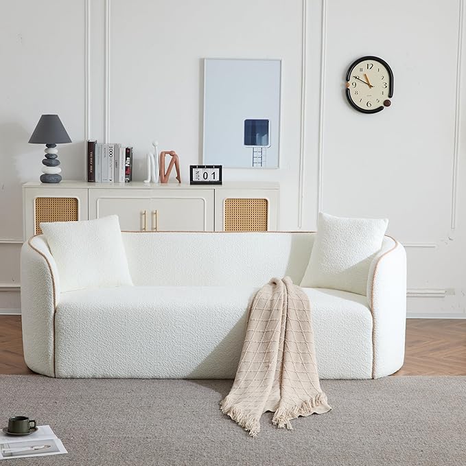 Merax 82 Boucle Curved Sofa 3-Seater Sofa Couch with 2 Pillows for Living Rooms Bedrooms Apartment Office Comfortable Thickened Seat Cushion Bear 900lbs White