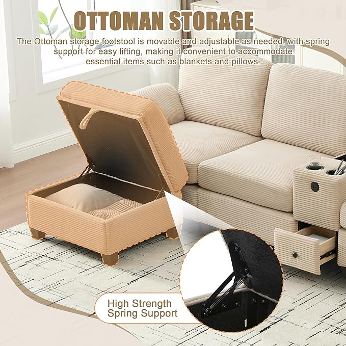 KEIKI 105 L-Shaped Oversized Corduroy Modular Sectional Sofa with 1 Ottoman and Multi Functional Console 4-Seater Upholstered Couch with USB and 2 Cup Holder Easy Assembly for Living Room Khaki