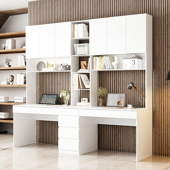 2 Person Computer Desk with 6 Drawers &amp Doors 94.5” Large Double Office Desk with Bookshelves &amp Hutch Long Writing Table White 94.5”W x 23.6”D x 86.6”H