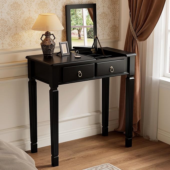 PADMA HOUSE Flip Top Wood Makeup Vanity Desk with Mirror Small Dressing Table with Two Drawers Flip-up Wooden Writing Desk Secretary Table in Black for Bedroom Living Room