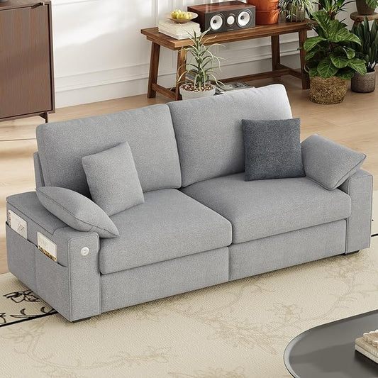 76 Loveseat Sofa Cloud Foam Couch 3 Seater Upholstered Midcentury Mondern Love Seat with USB Type C Ports 4 Pillows and Storage Armrest for Living Room/Small Spaces Grey | Breathable material
